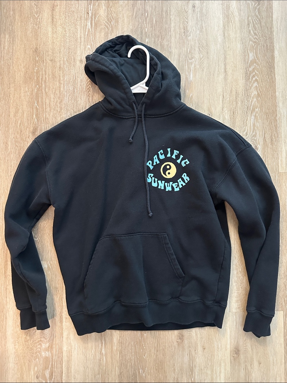 PacSun Black Hoodie with Teal and Yellow Yin-Yang Logo